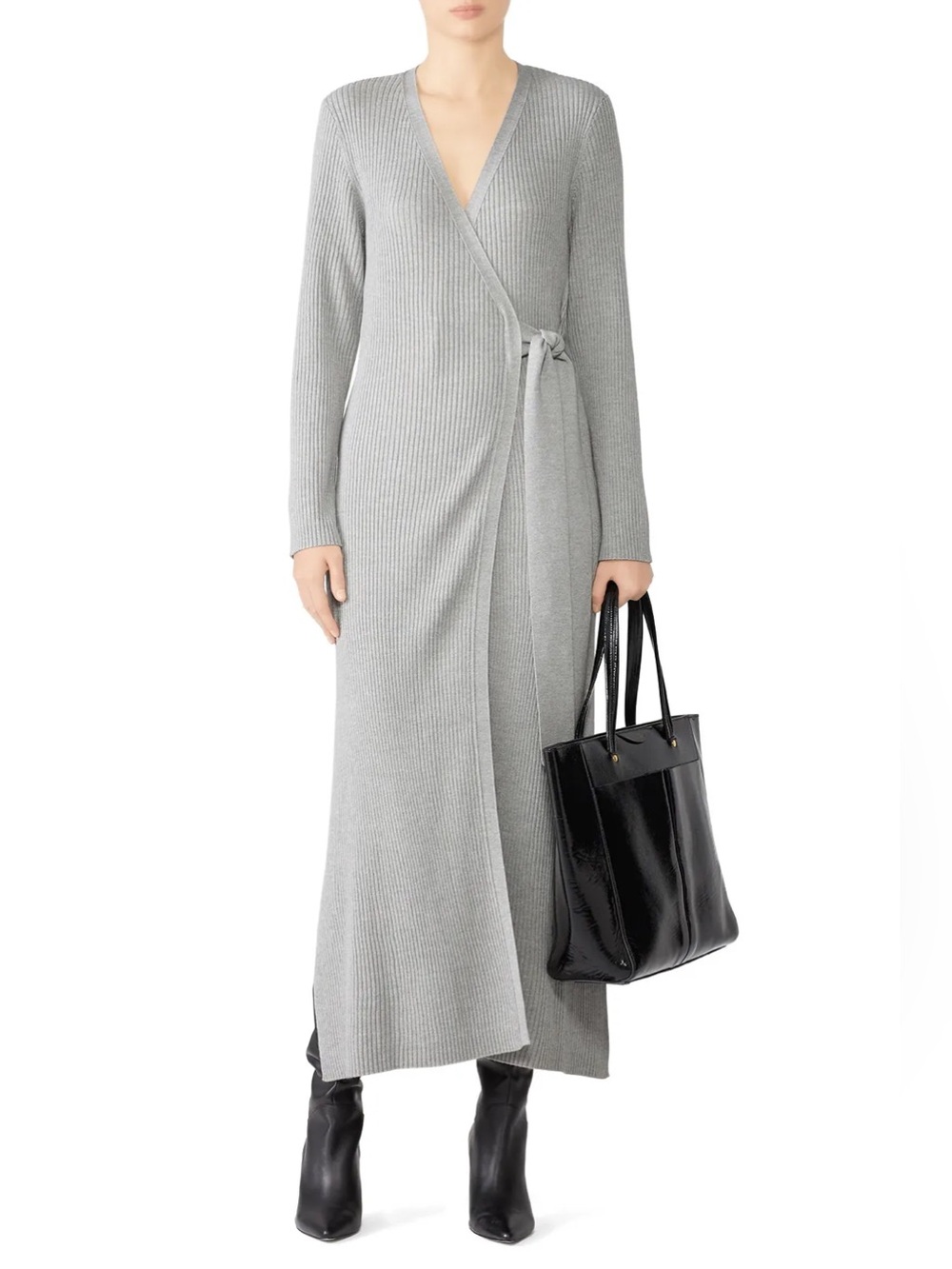 Osman Long Rib Wrap Dress in Grey Size Small